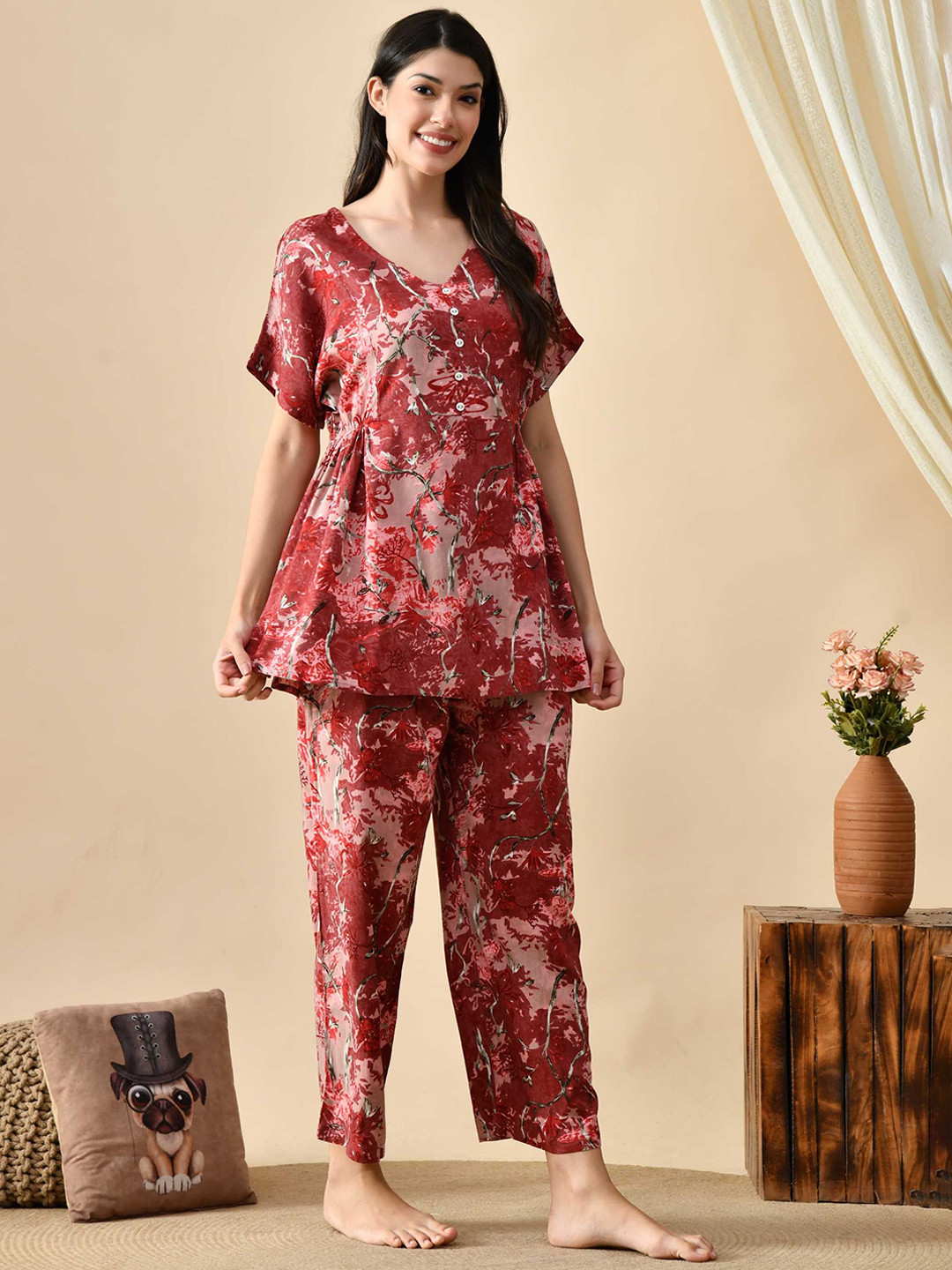 PRADHRUHE Women Floral Printed V Neck Top & Pyjama Night suit