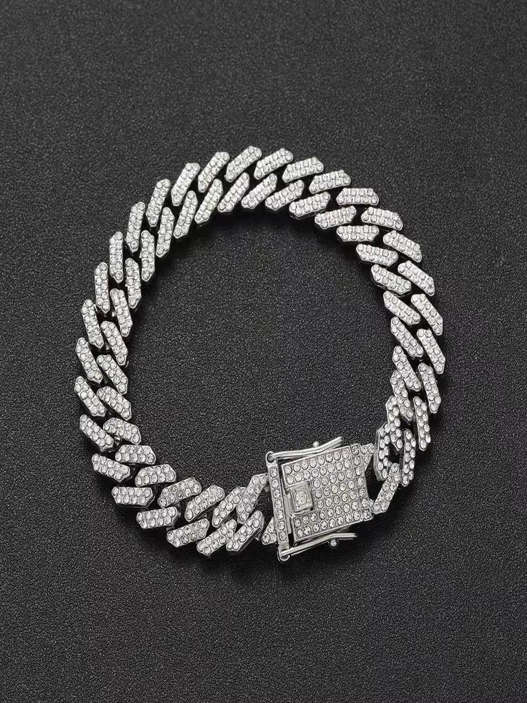 Vientiq Men Silver-Plated Cubic Zirconia Studded Link Chain Bracelet