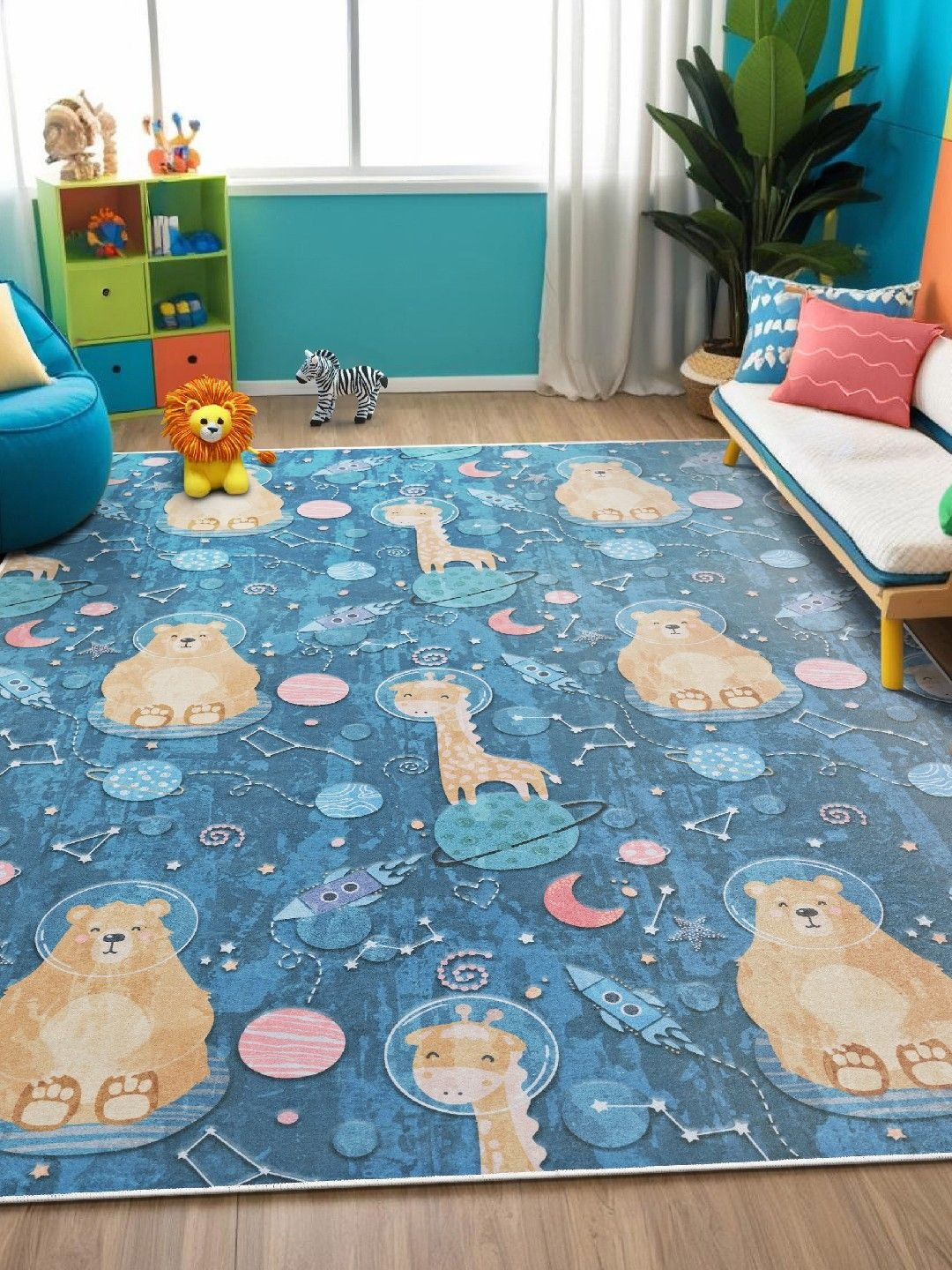 Kaleen India Kids Blue & beige Cartoon Characters Anti-Skid Carpet