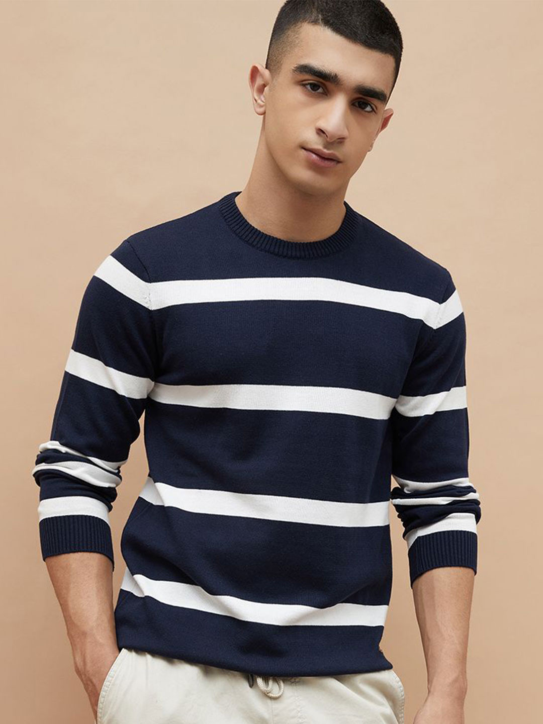 Fame Forever by Lifestyle Men Striped Round Neck Long Sleeve Pullover