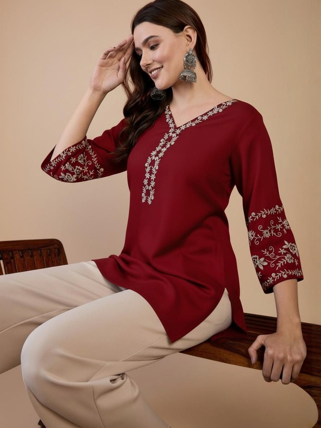 Mahiras Comfort Women Ethnic Motifs Embroidered V-Neck Regular Sleeves Top