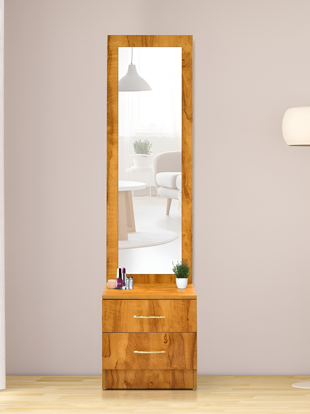 Outkraft Brown Wooden Framed Table Top Mirror