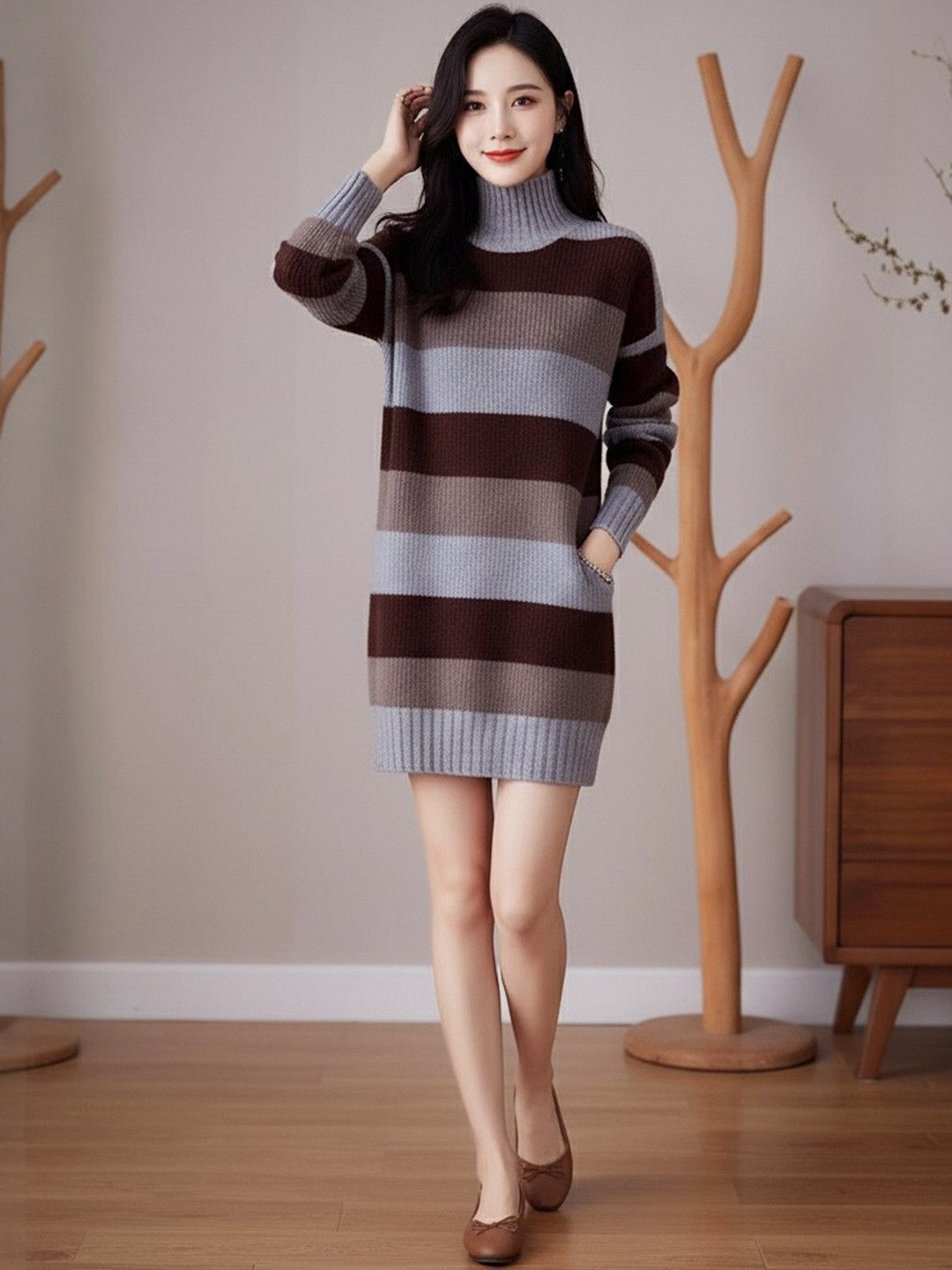 HERE&NOW Women Striped Pattern Turtle Neck Winter Dress