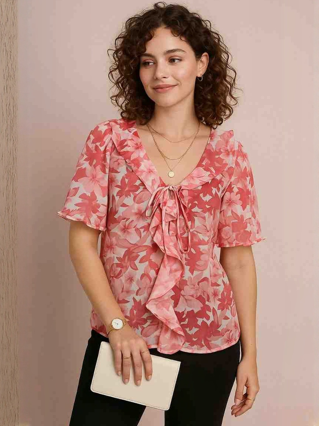 Mast & Harbour Women Floral Printed Chiffon Top with Front Twist Detail
