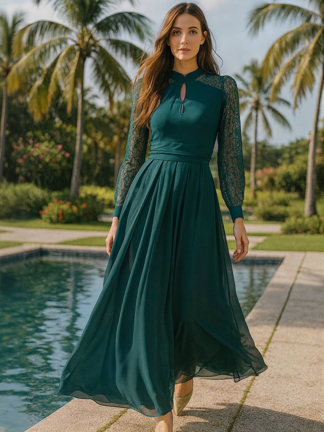 DressBerry Women Mandarin Collar Gathered or Pleated Fit and Flare Maxi Dress With Lace