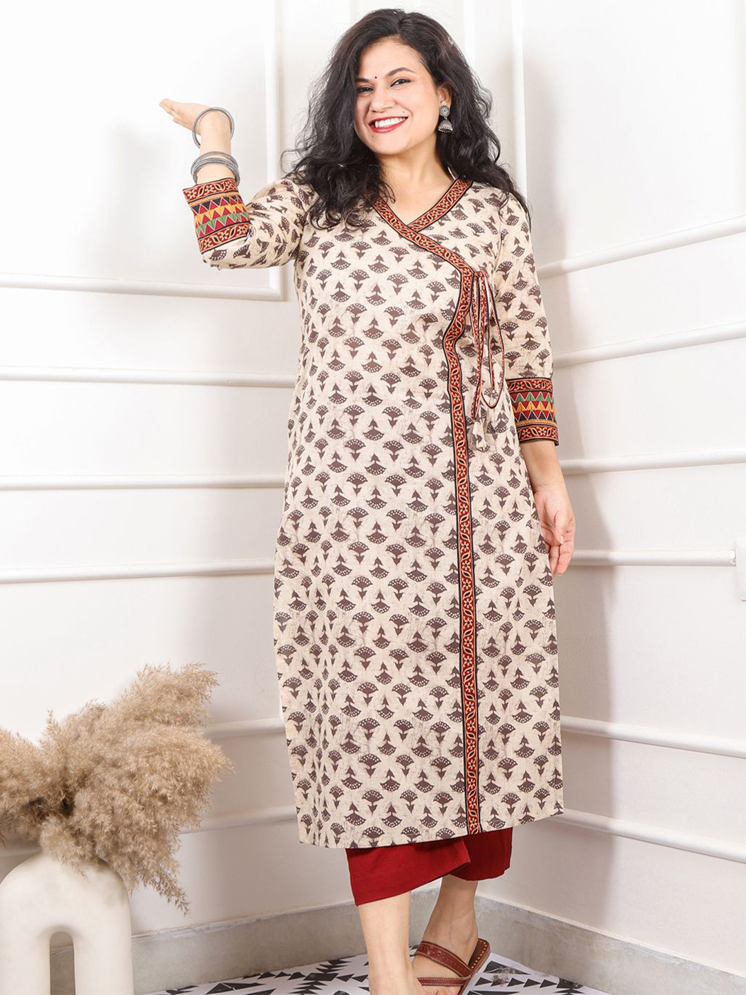 Desi Sandook Women Dabu Printed Angrakha Style Neck Cotton Kurta