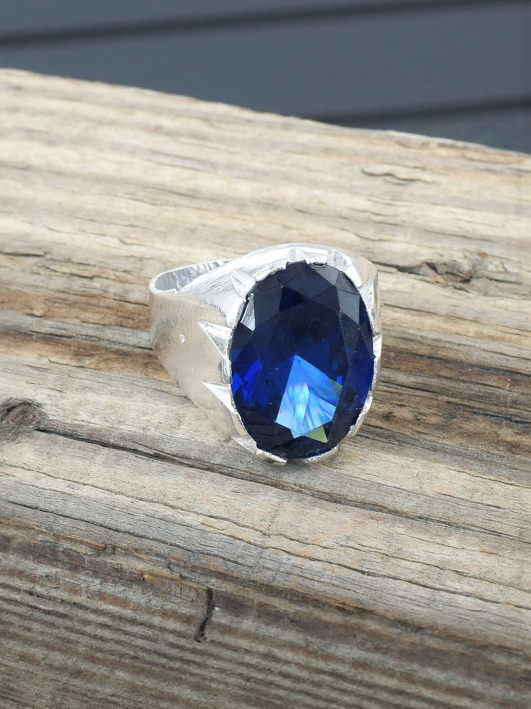 Brass Silverplated Faux Blue Sapphire Neelam Strong finger ring