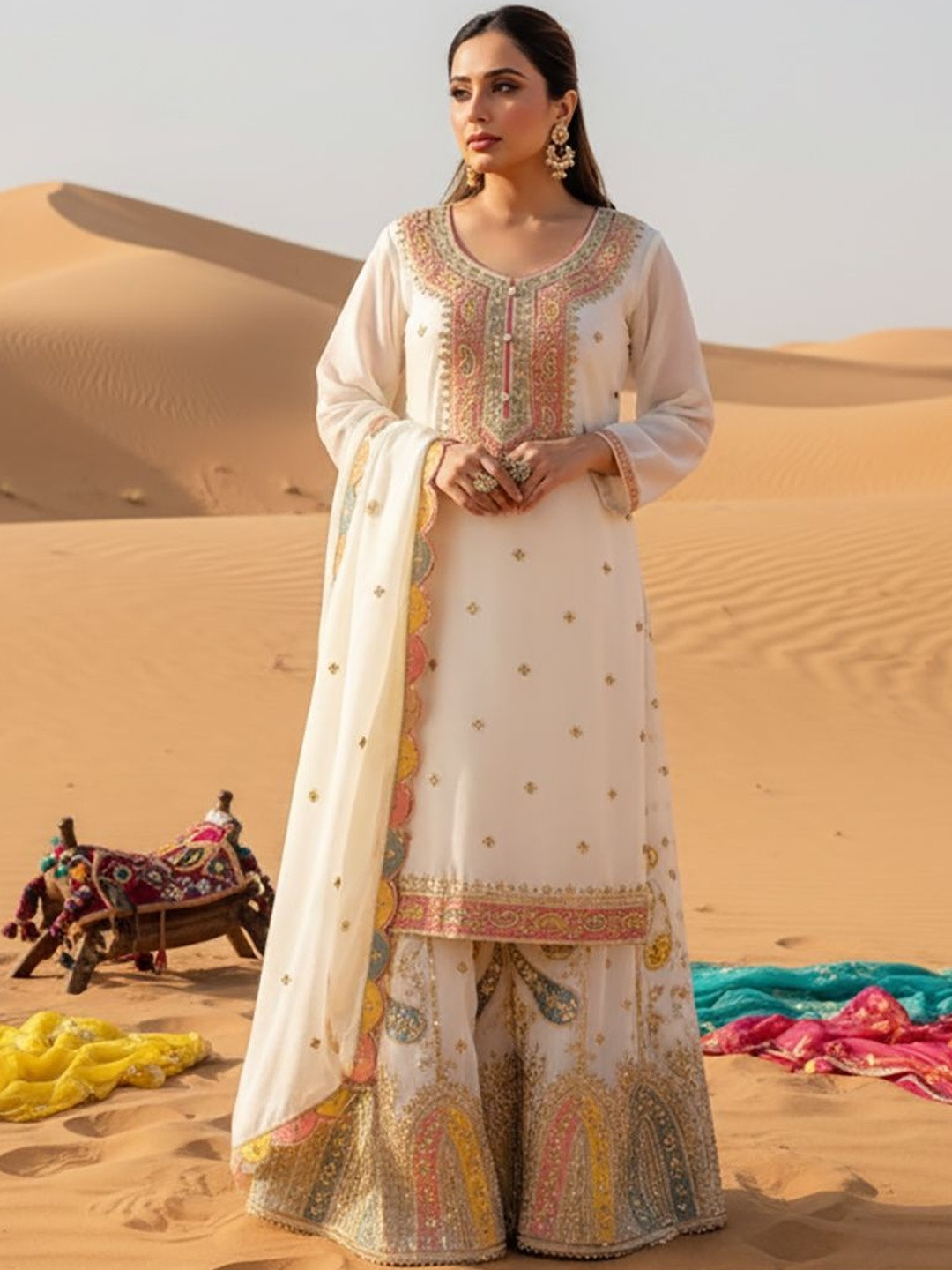 SAKSHI- The Wedding Store Embroidered Sequinned Kurta With Sharara & Dupatta