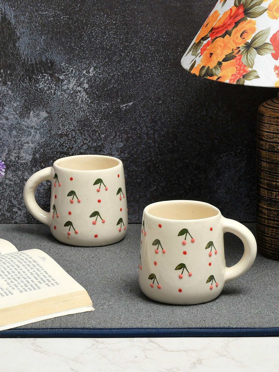CLIO'S HERITAGE STORE White & Green Set of 2 Cute Cherry Printed Ceramic Glossy Mugs 200ml