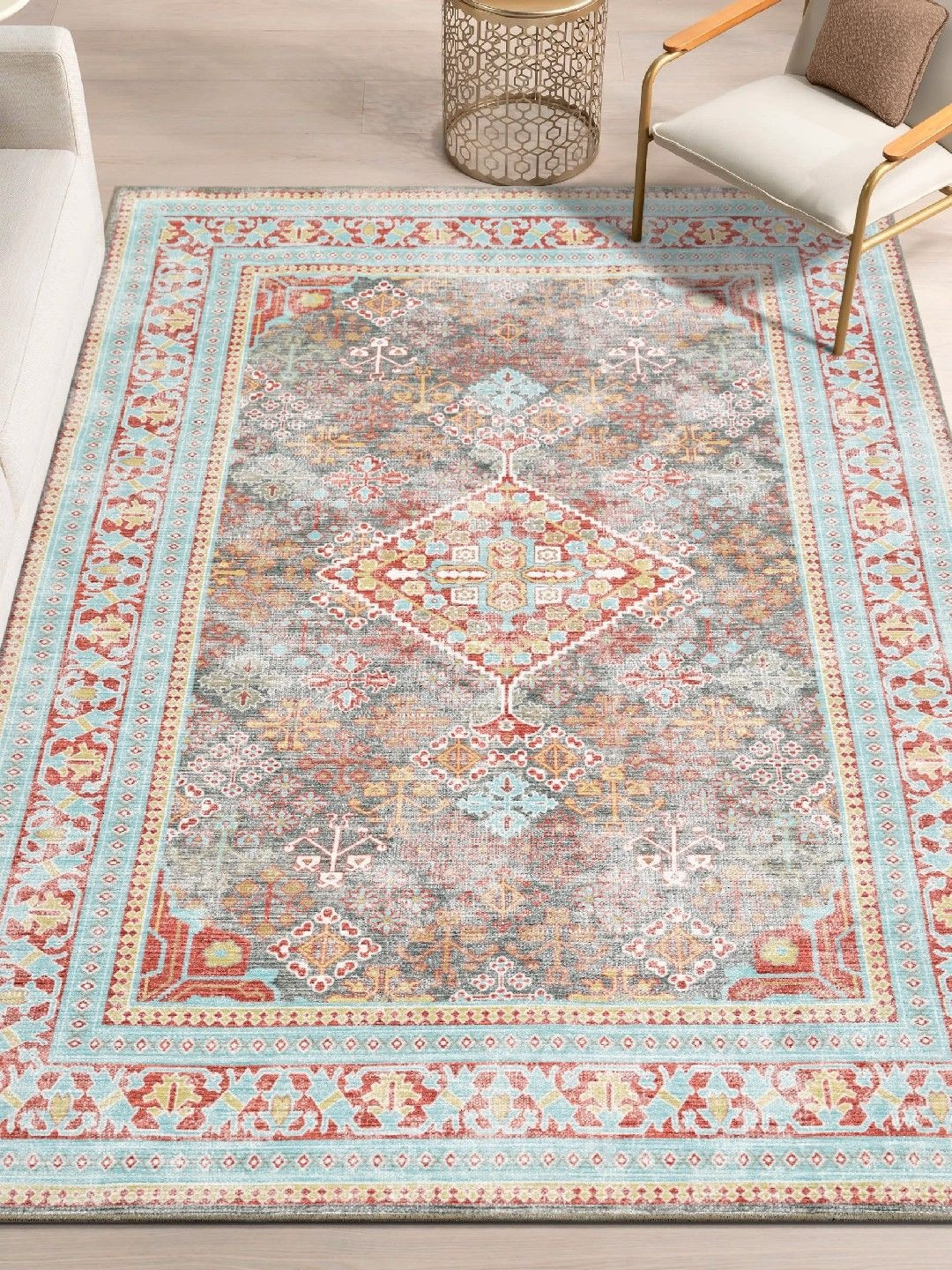 Kaleen India Blue & Pink Anti-Skid Backing Washable Indoor-Outdoor Rugs