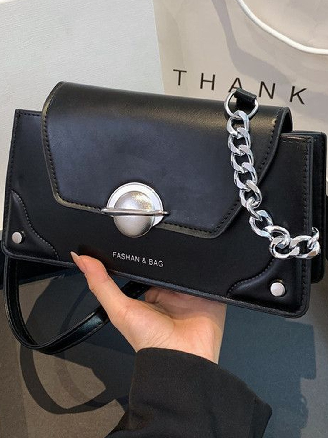 CORSICA Women Black Structured Handbag with Chain Detail