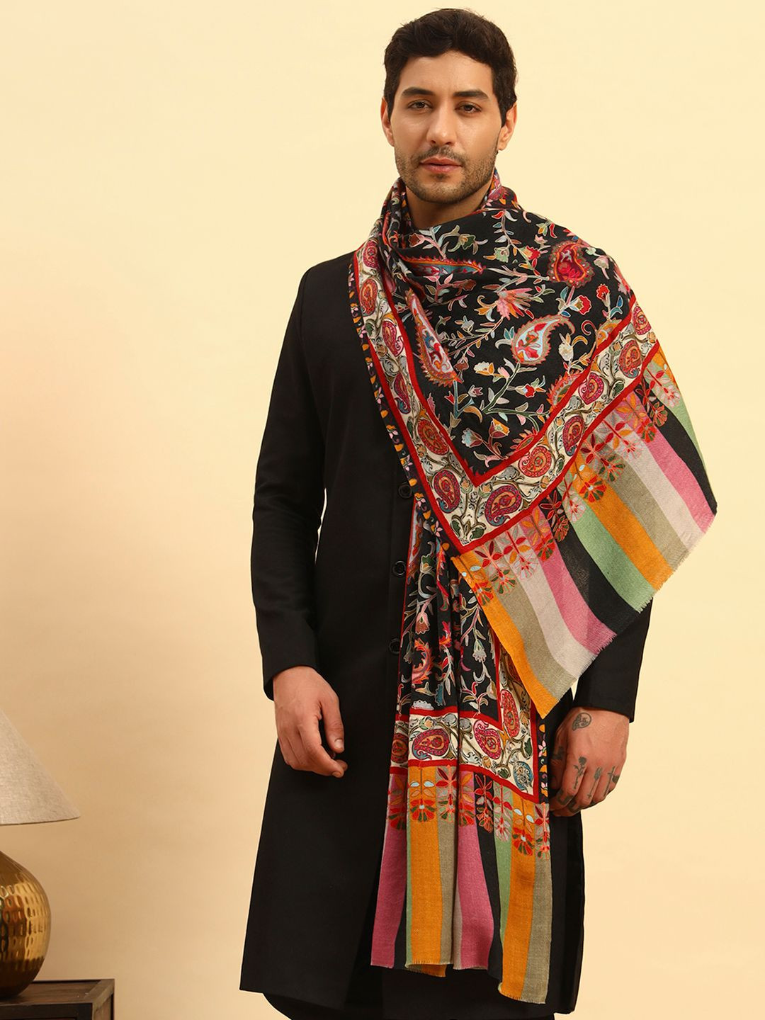 Pashmoda Floral Whispers Men Kalamkari Embroidered Pure Wool Stole