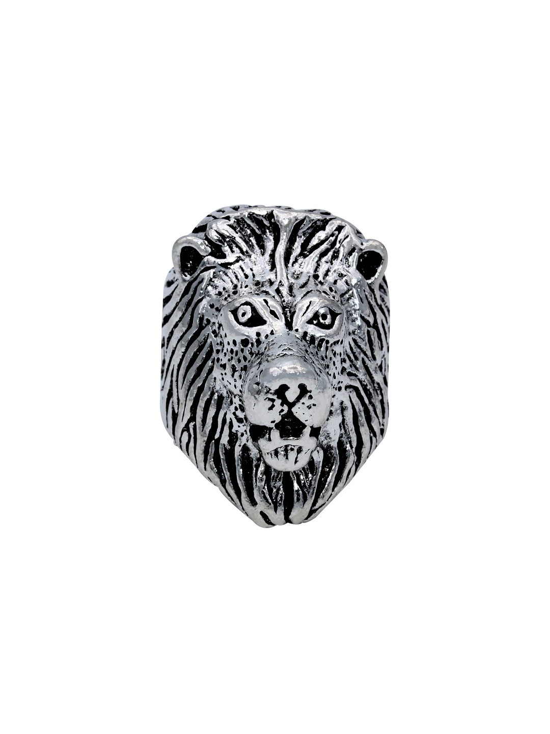 DZINETRENDZ Silver-Plated Oxidised Antique finish Brass Lion Head Finger ring