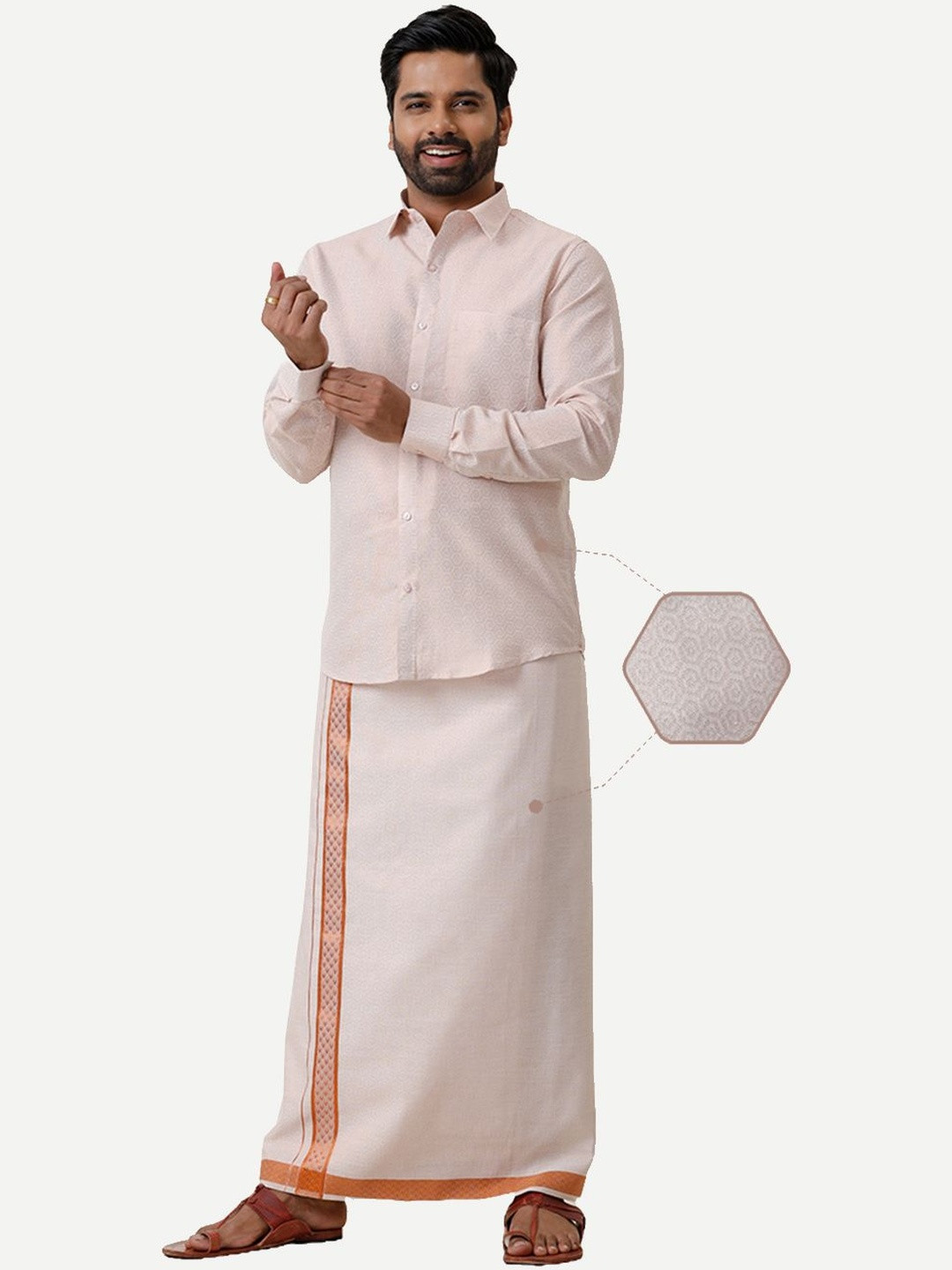 UATHAYAM Men Shirt Honey Comb Design Full Sleeve Shirt & Dhoti Set