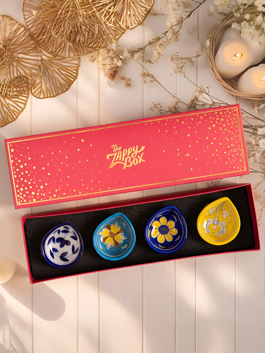 The Zappy Box Blue & Yellow 4 Pieces Printed Ceramic Pottery Diyas