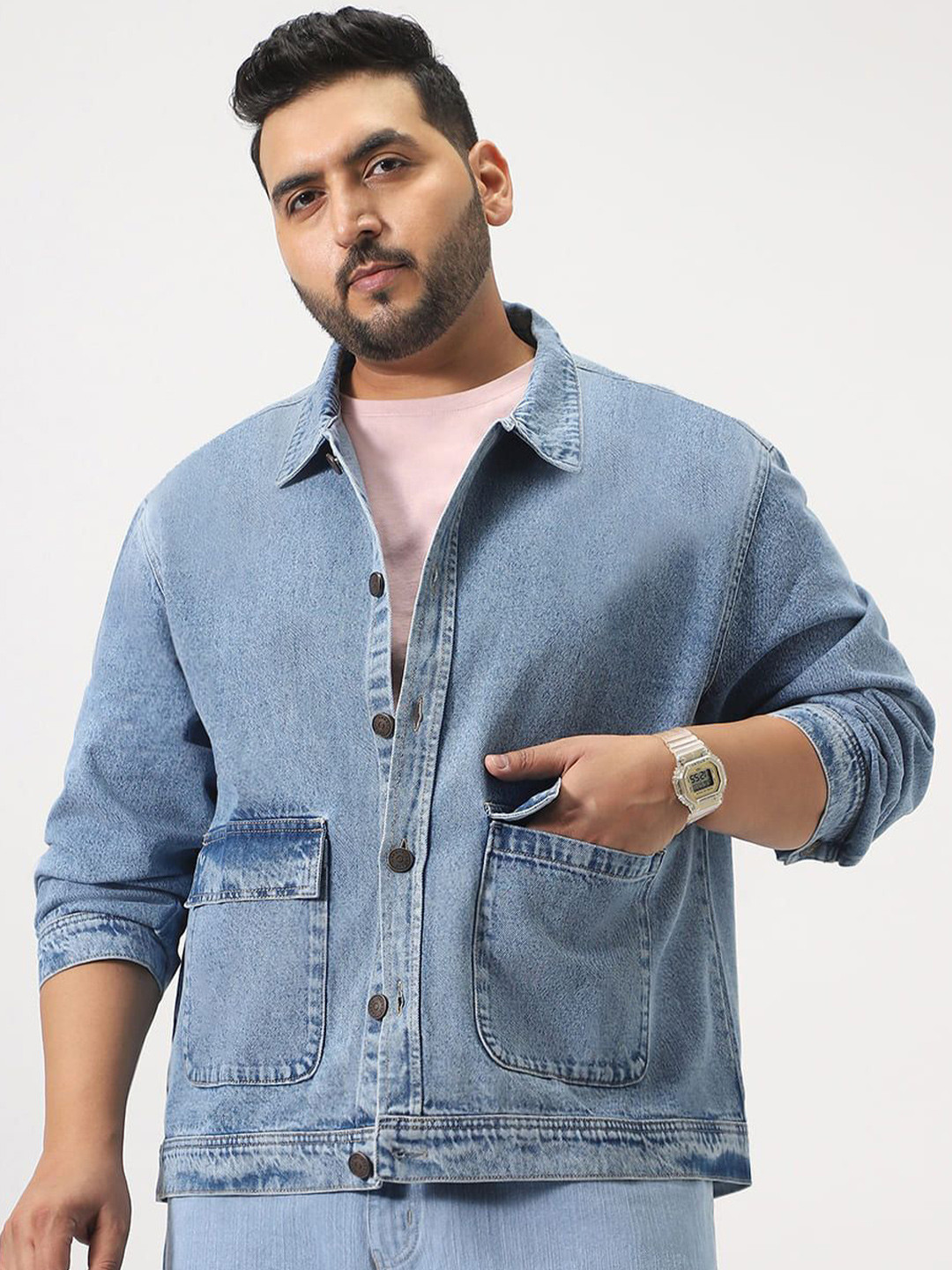 Urbano Plus Men Plus Size Ice Blue Relaxed Fit Full Sleeve Cotton Utility Denim Jacket