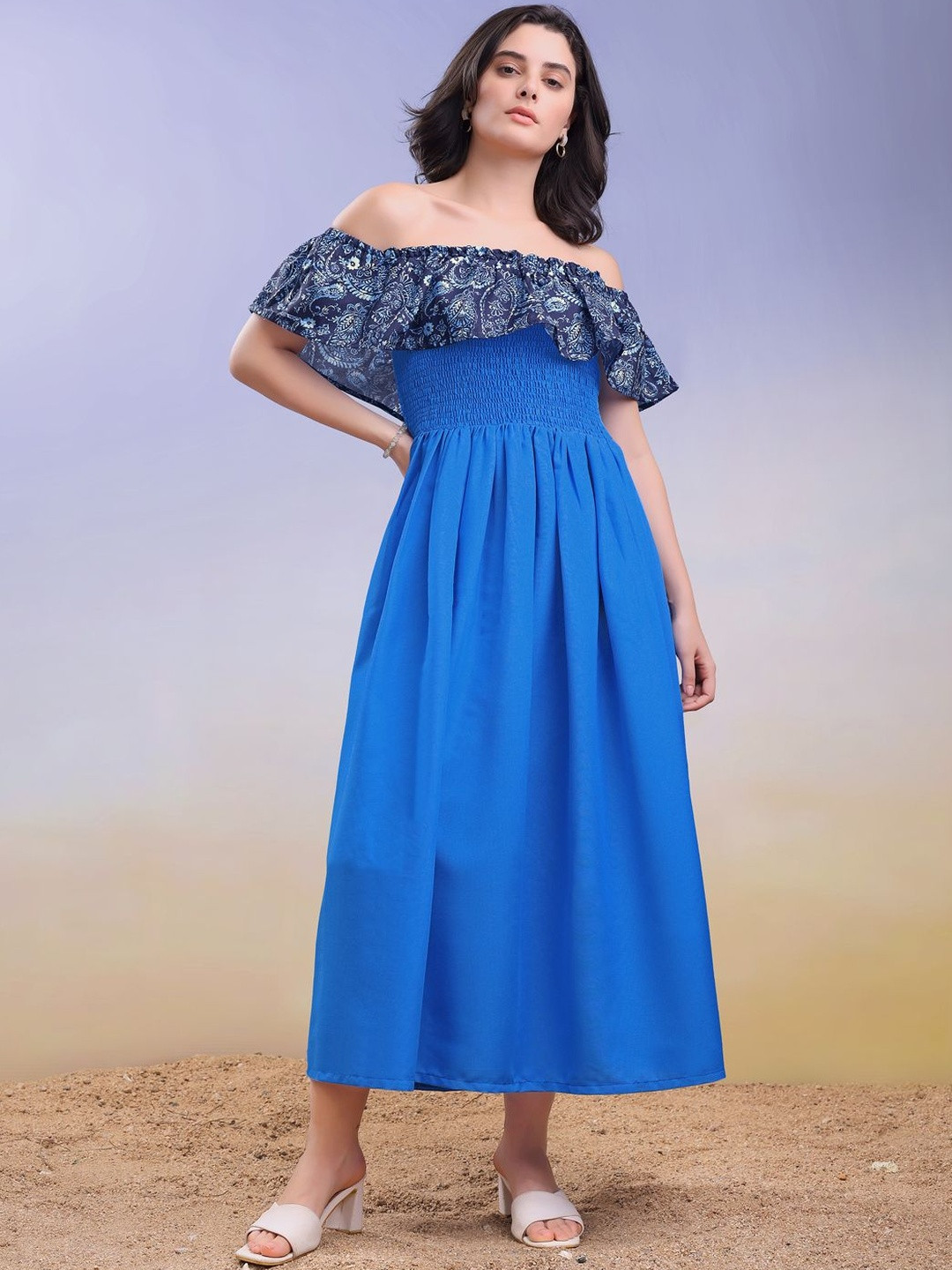 Women Solid Royal Blue Midi Cotton Dress
