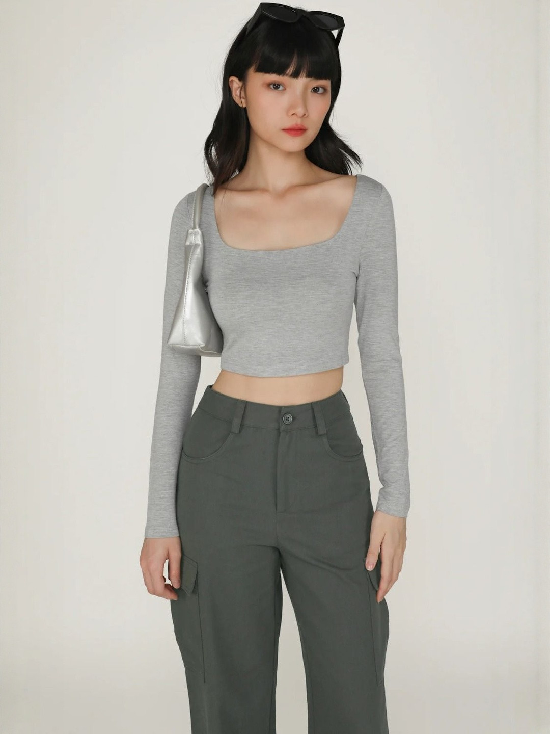 ZEROZABAR Grey Ribbed Square Neck Long Sleeves Crop Top