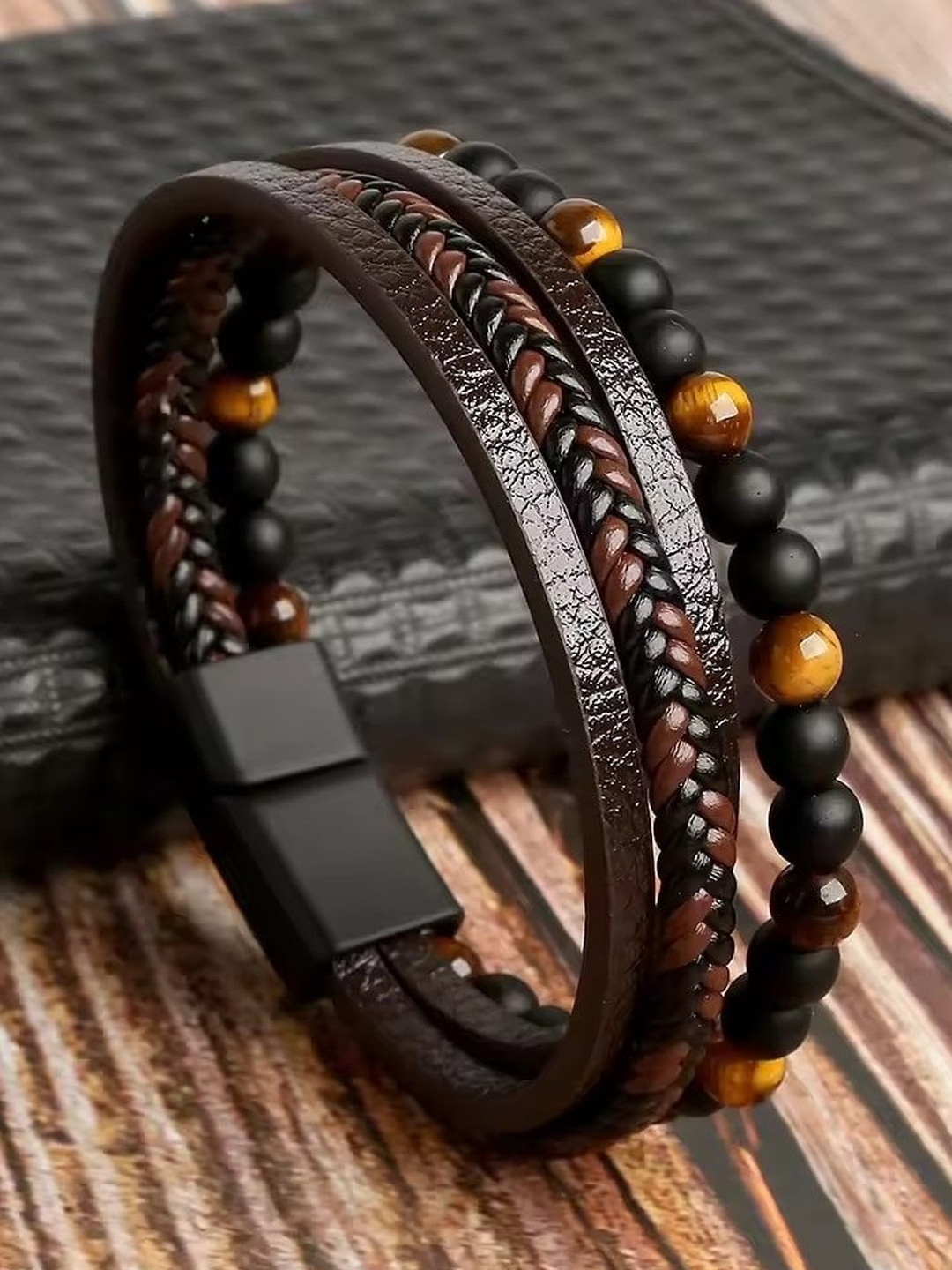 Vientiq Men Beaded Braided Multistrand Leather Bracelet