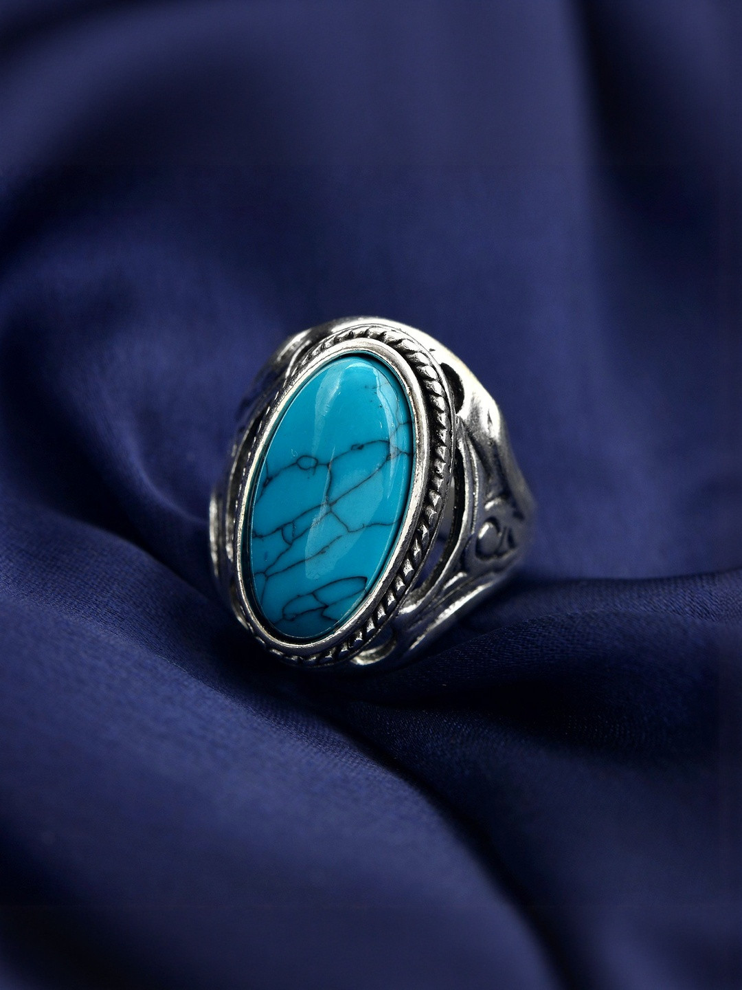 Brass Silver Plated Antique Finish, Faux Turquoise (Firoza) Finger Ring