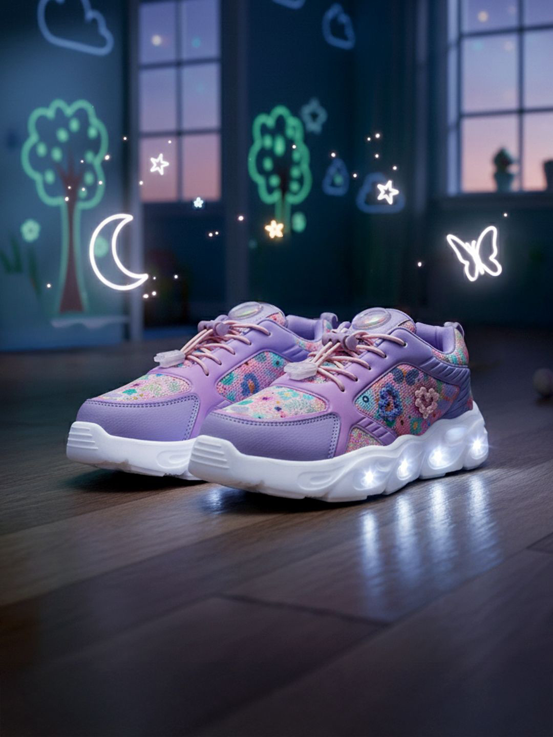 Hopits Girls Printed Lace-Ups Round Toe Sneakers with LED Light