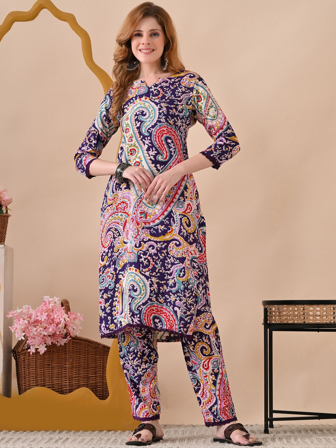 PHYSIL Paisley Printed Pure Cotton Screen Technique Kurta With Trousers