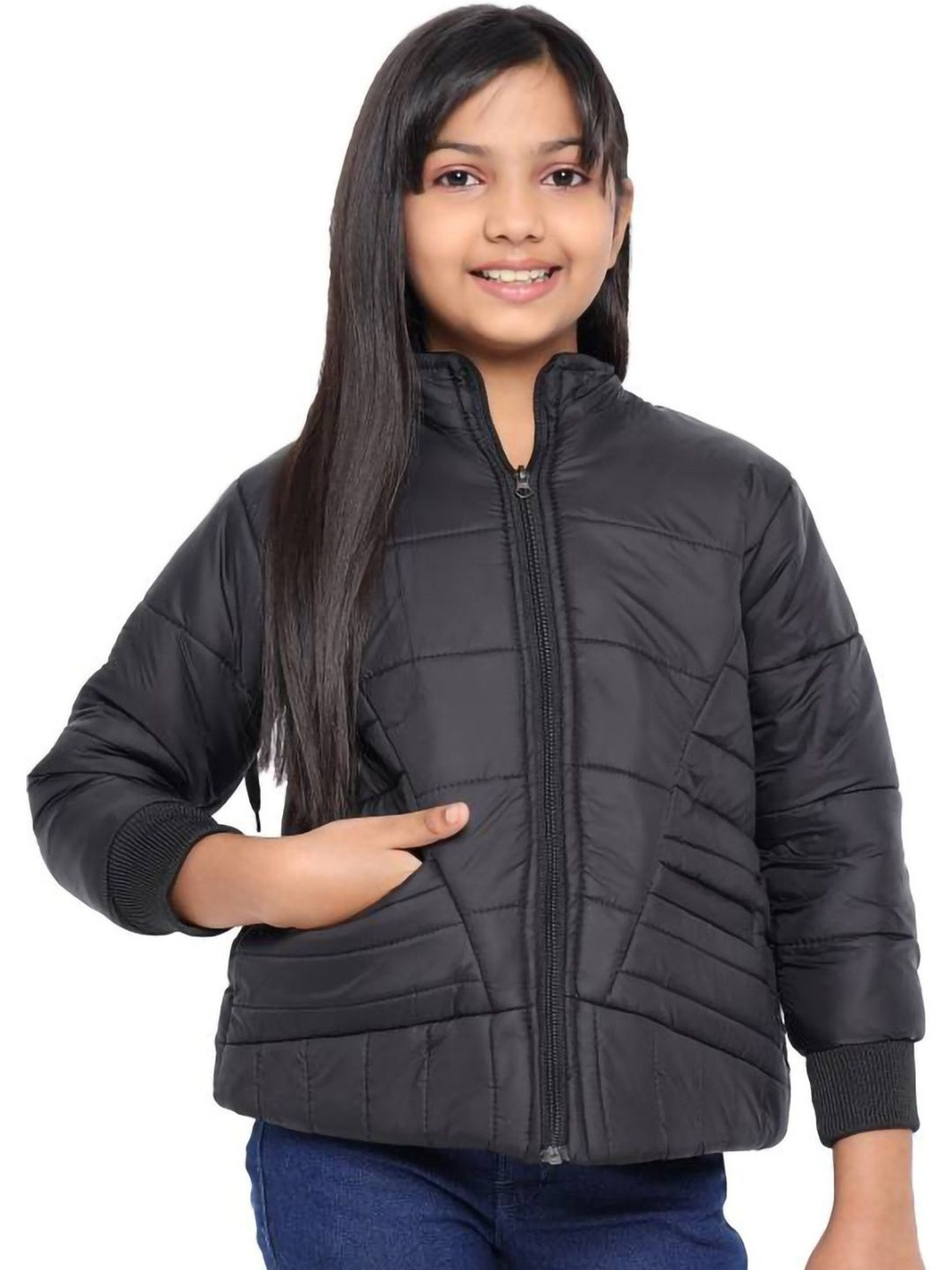 TRENDY WORLD Girls Black Hooded Solid Winter Casual Jacket