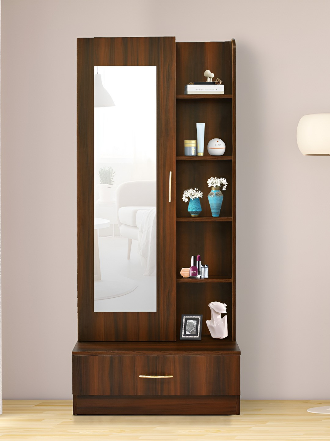 Outkraft Brown Wooden Framed Table Top Mirror