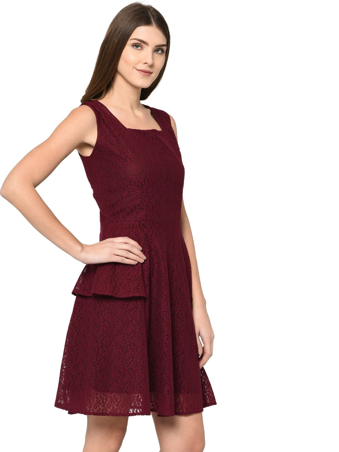 Vashist  A-Line Maroon Lace Flared Dress  For Women/Girls