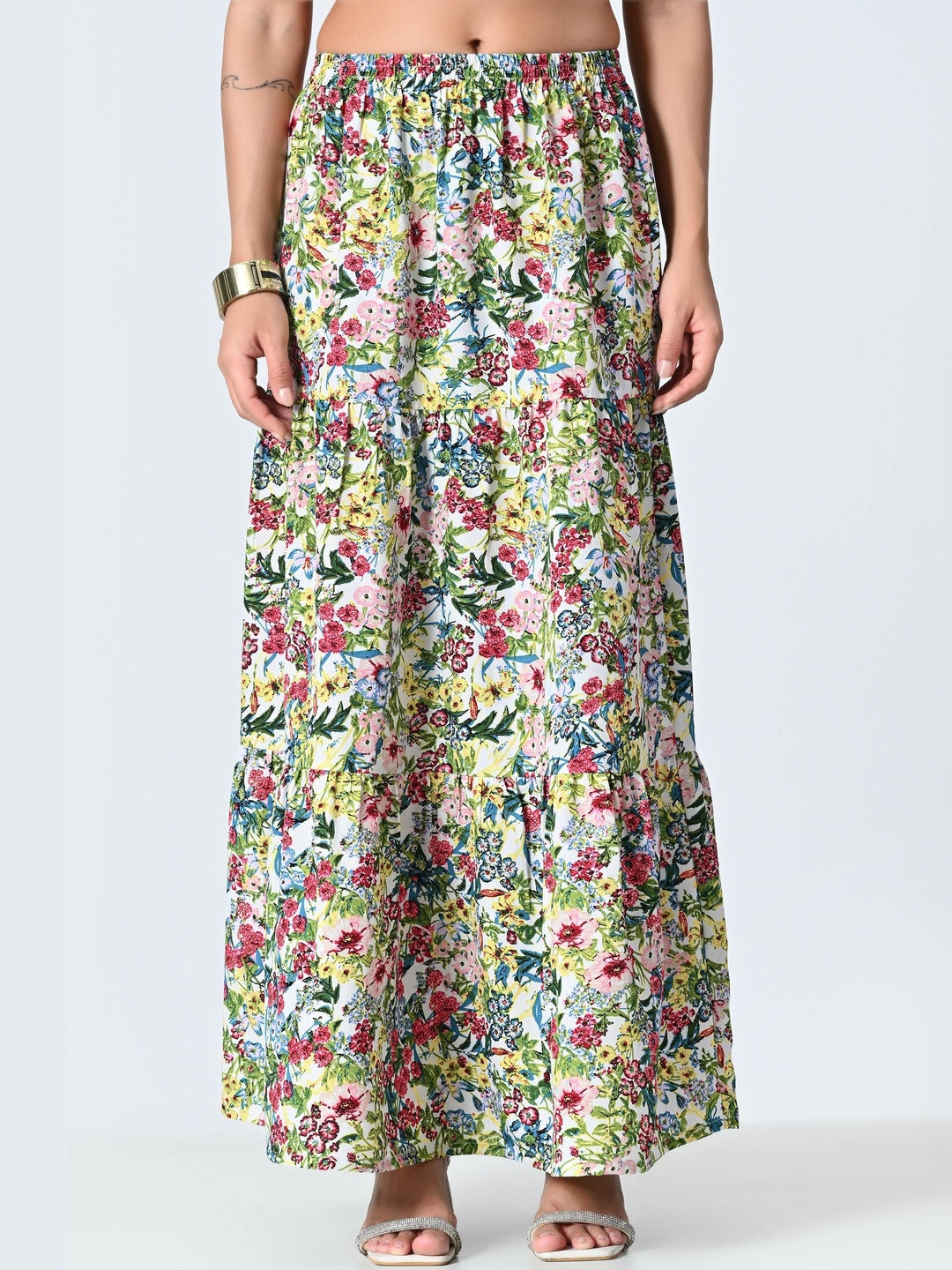 SZN Women Multicolor Floral Printed Tiered Polyester Maxi Skirt