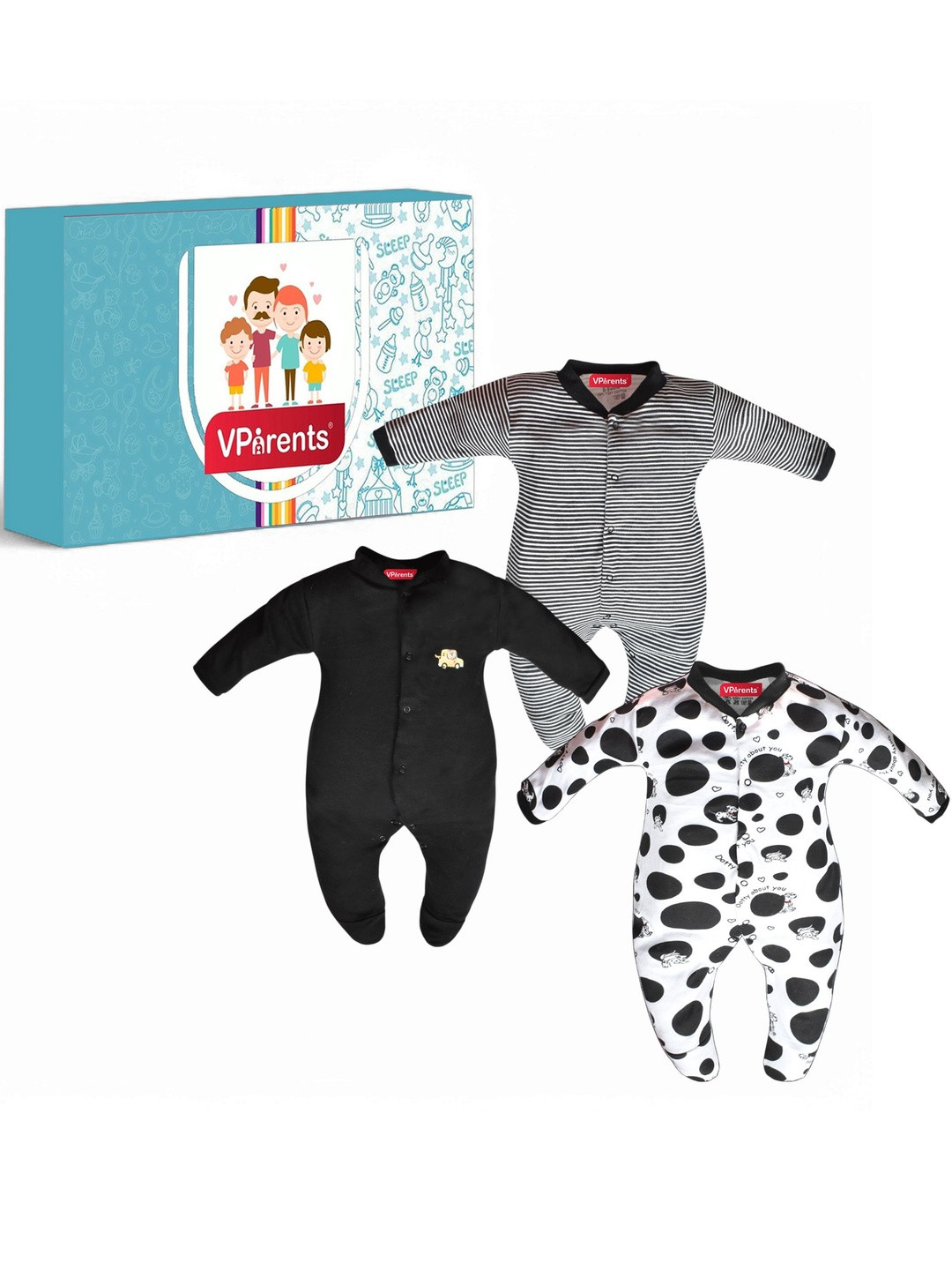 VParents Black Cotton Set Of 3 Full Length Romper