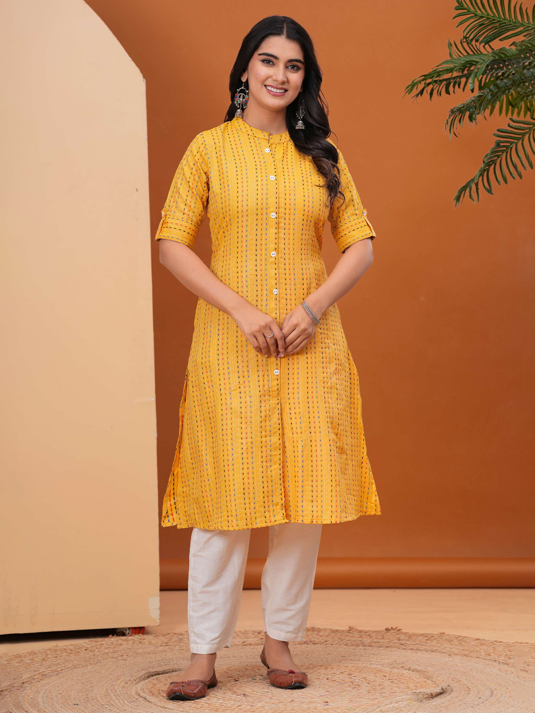 VAALI Women Woven Design Mandarin Collar Roll-Up Sleeves Regular Calf Length A-Line Kurta