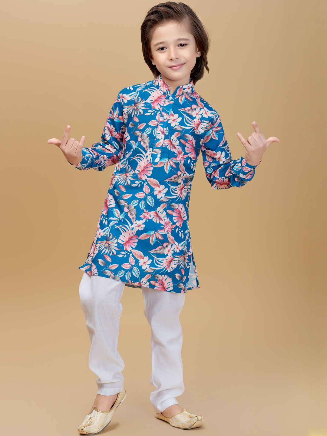 Ministitch Boys Teal Floral Printed full Sleeves Regular Kurta & Pyjamas Cotton Set