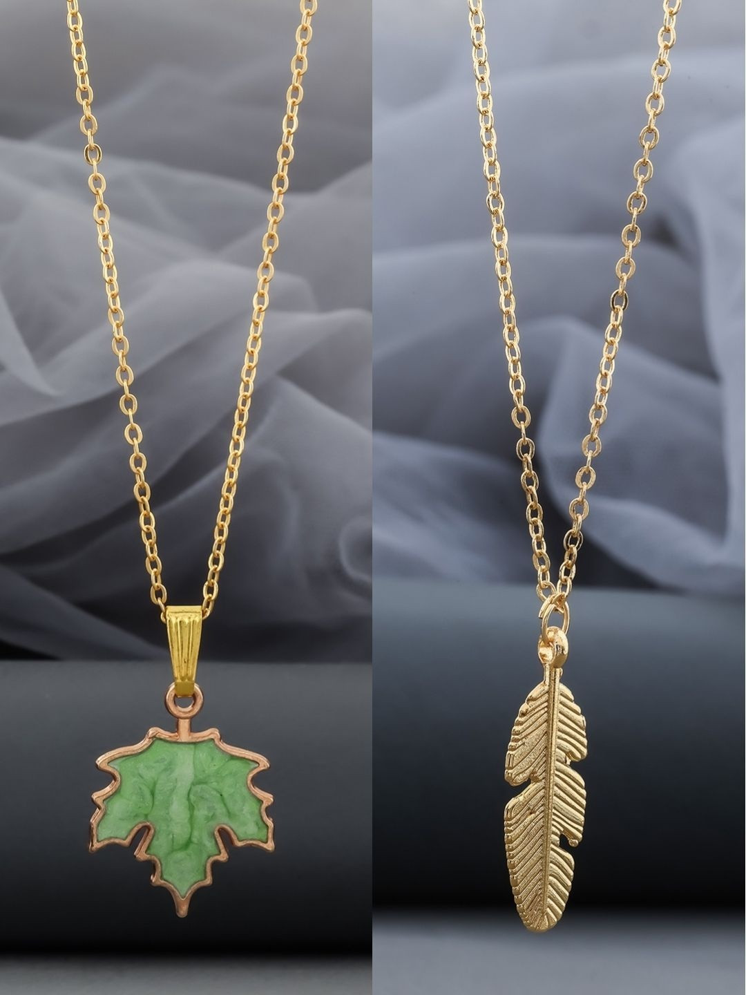 Birado Jewellery Set Of 2 Gold-Plated Feather Shaped Pendant With Chain