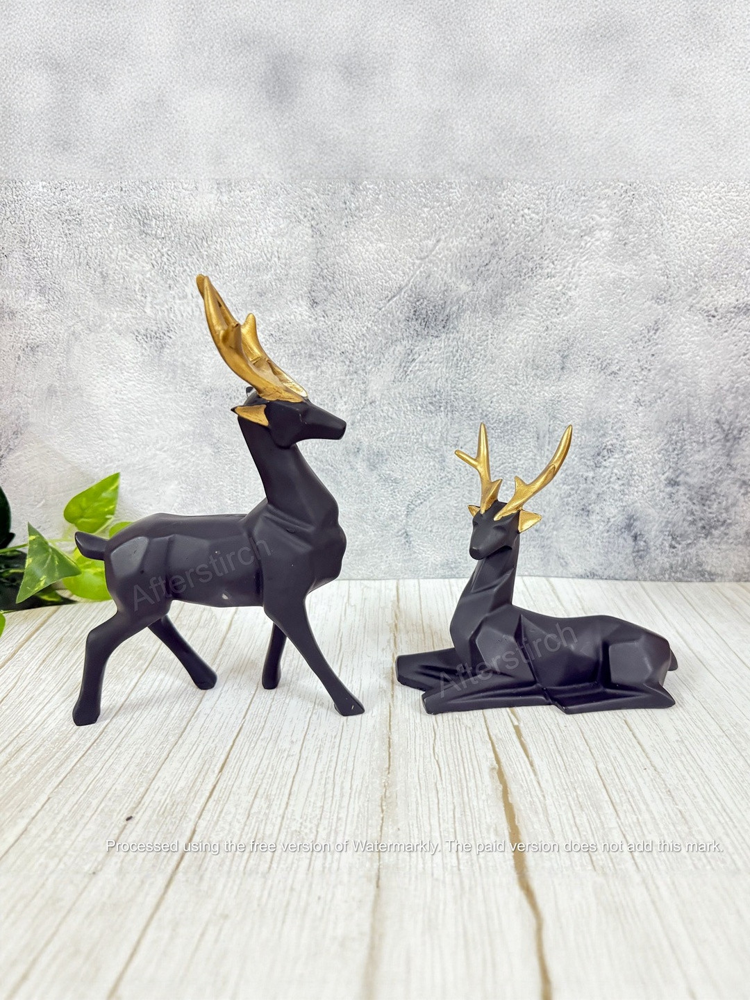 Afterstitch Set of 2 Matte Black Deer Figurines With Golden Antlers Showpiece