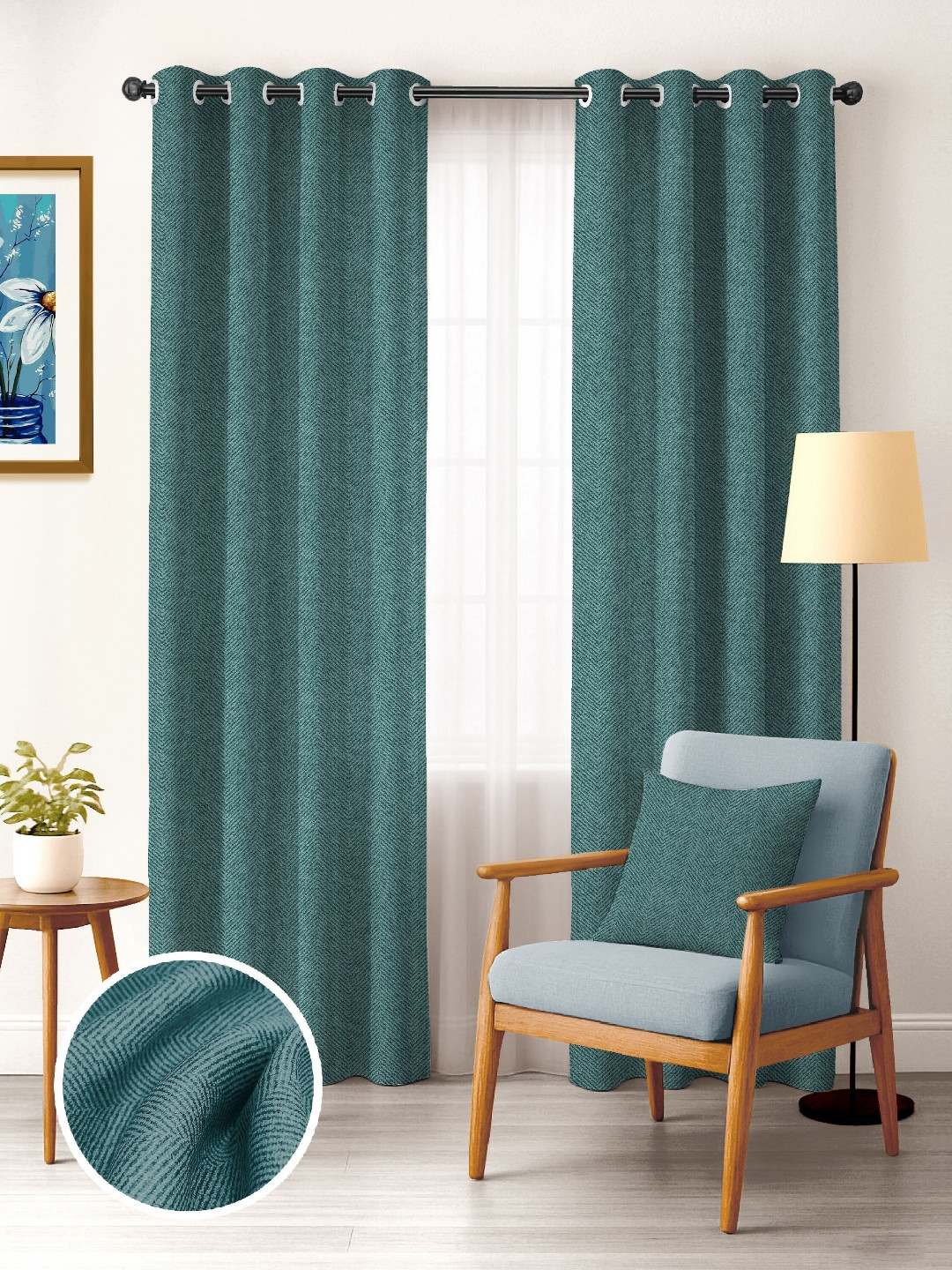 Nefertiti Home 2 Pieces Teal-Coloured Black Out Long Door Curtain