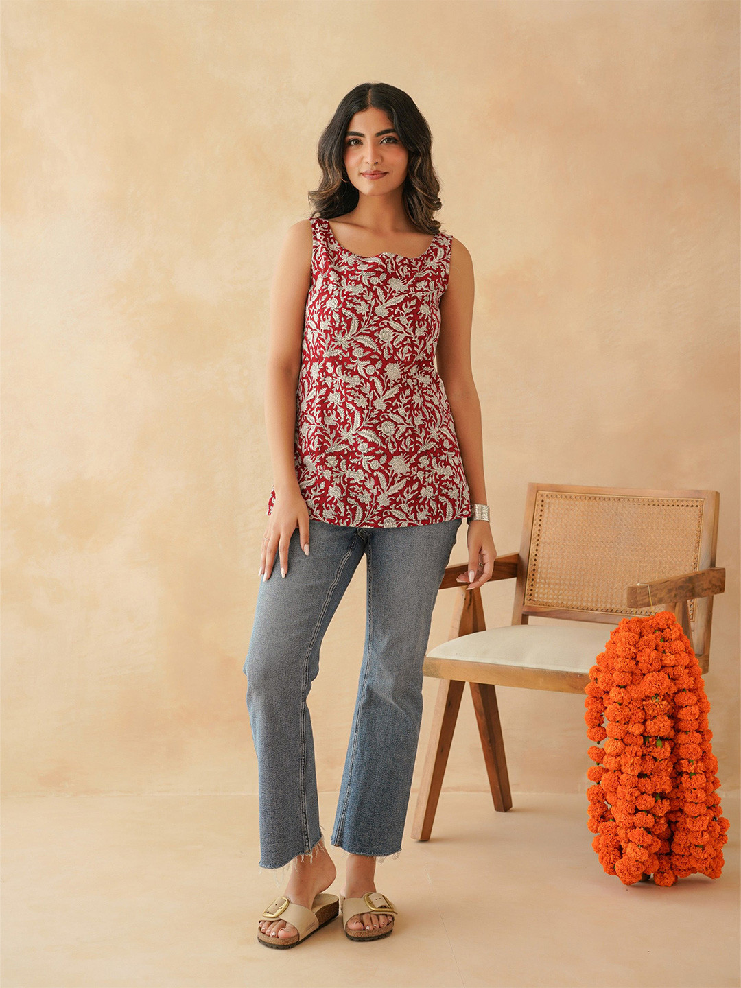 GOODHAND Floral Printed Backless Tie-up Pure Cotton Kurti