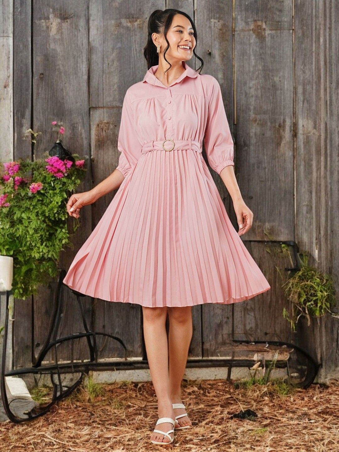 CARTYSHOP Shirt Collar Crepe Pleated Fit And Flare Dress