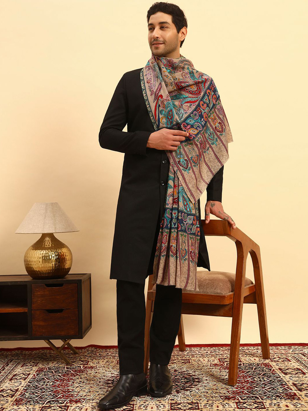 Pashmoda Saahtaar Men Kalamkari Embroidered Pure Wool Stole