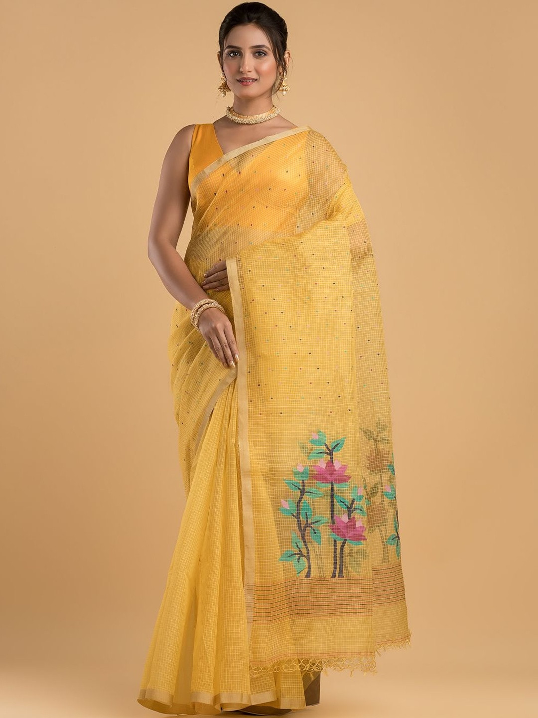 Silk Petalss Woven Design Checked Beads and Stones Saree