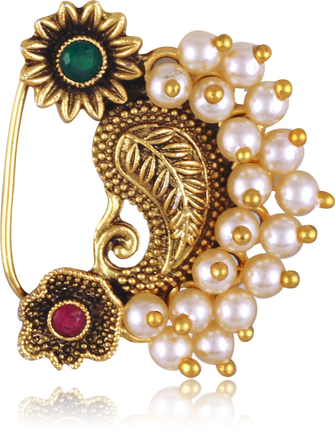 VIVASTRI Gold Plated Artificial Stones Studded And Beaded Nath Nose Pin