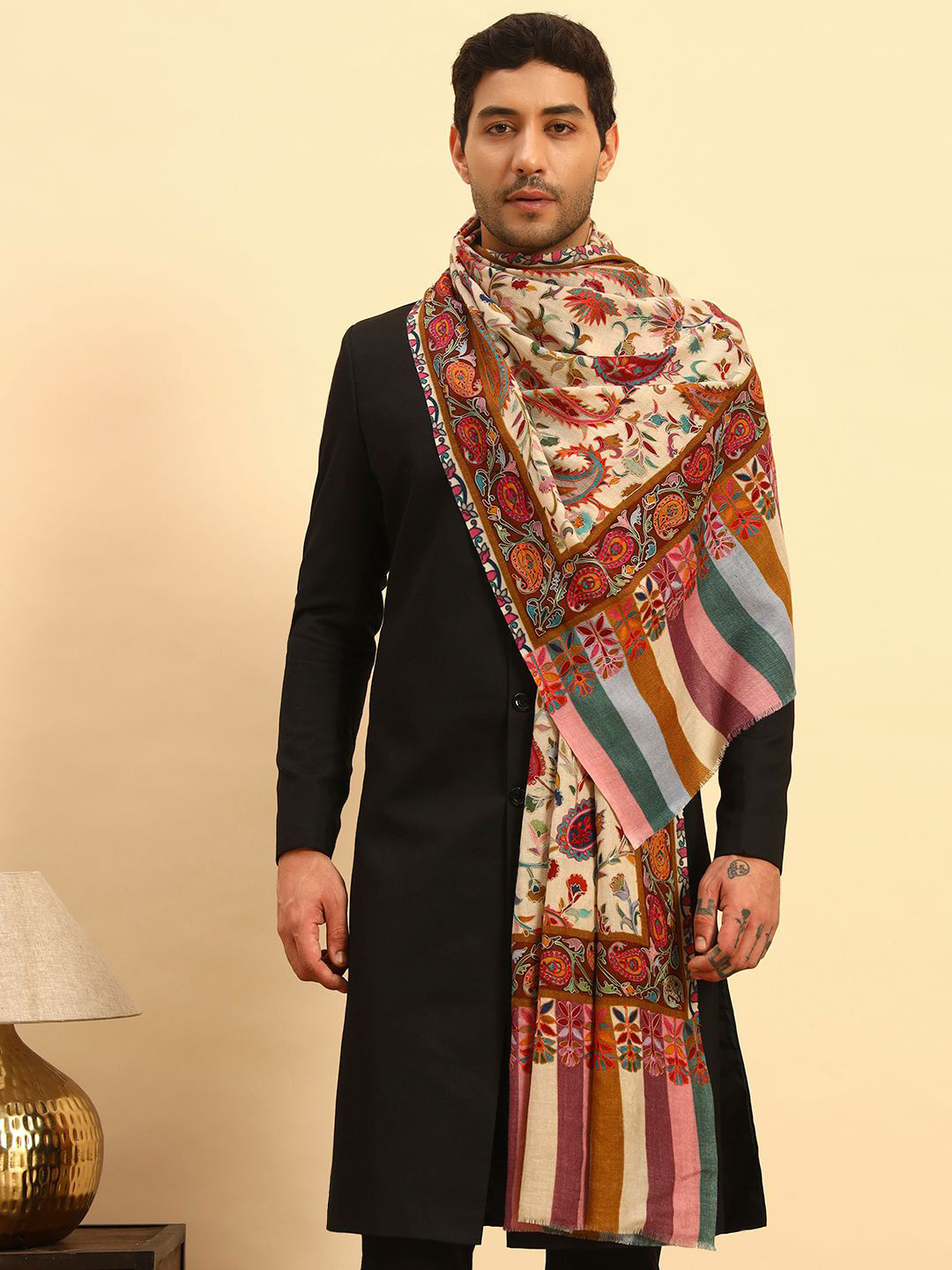 Pashmoda Men Floral Embroidered Pure Wool Kalamkari Stole
