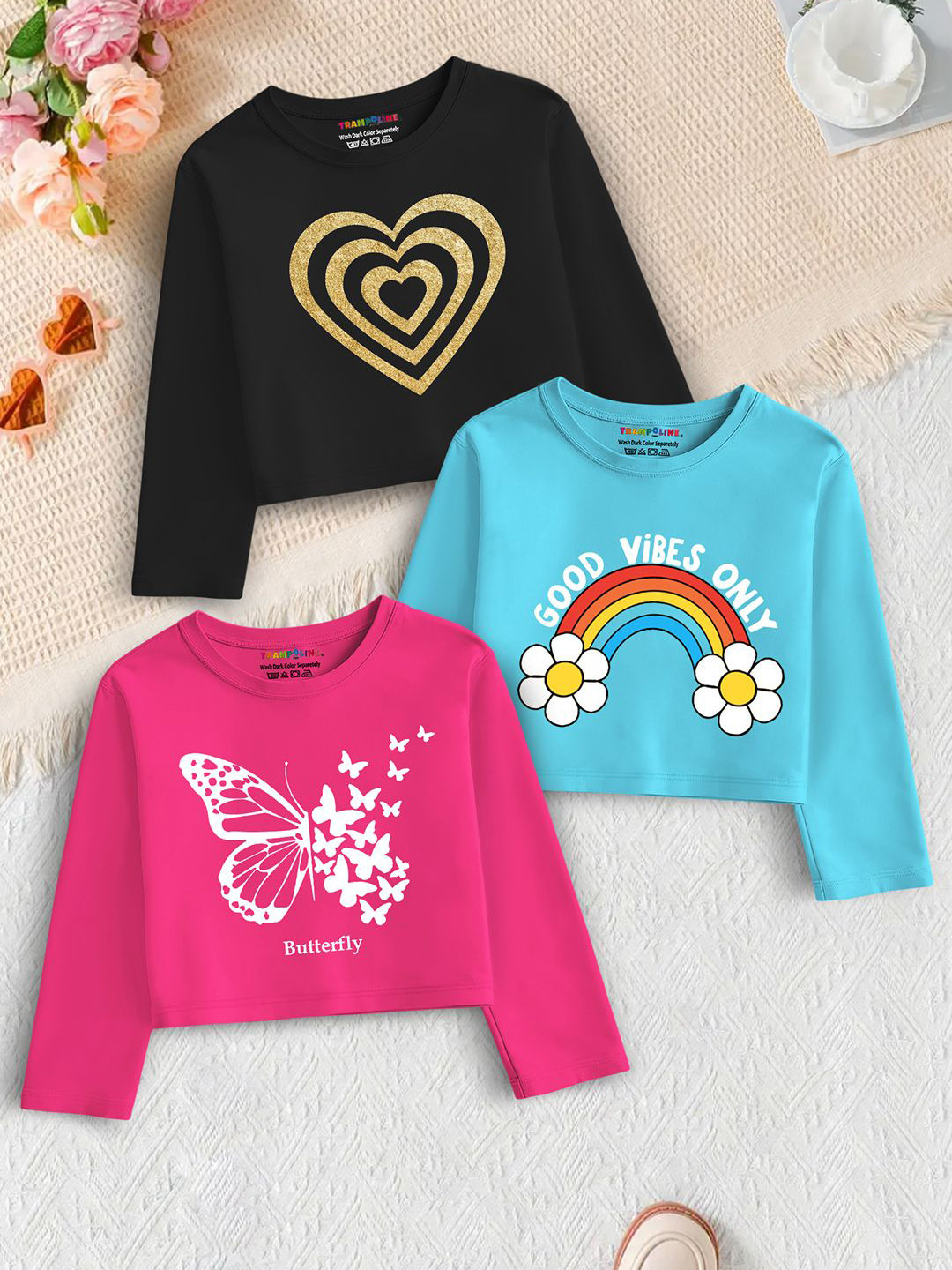 YK X Trampoline Girls Pack of 3 Full Sleeve Graphic Printed Cotton Crop Tops