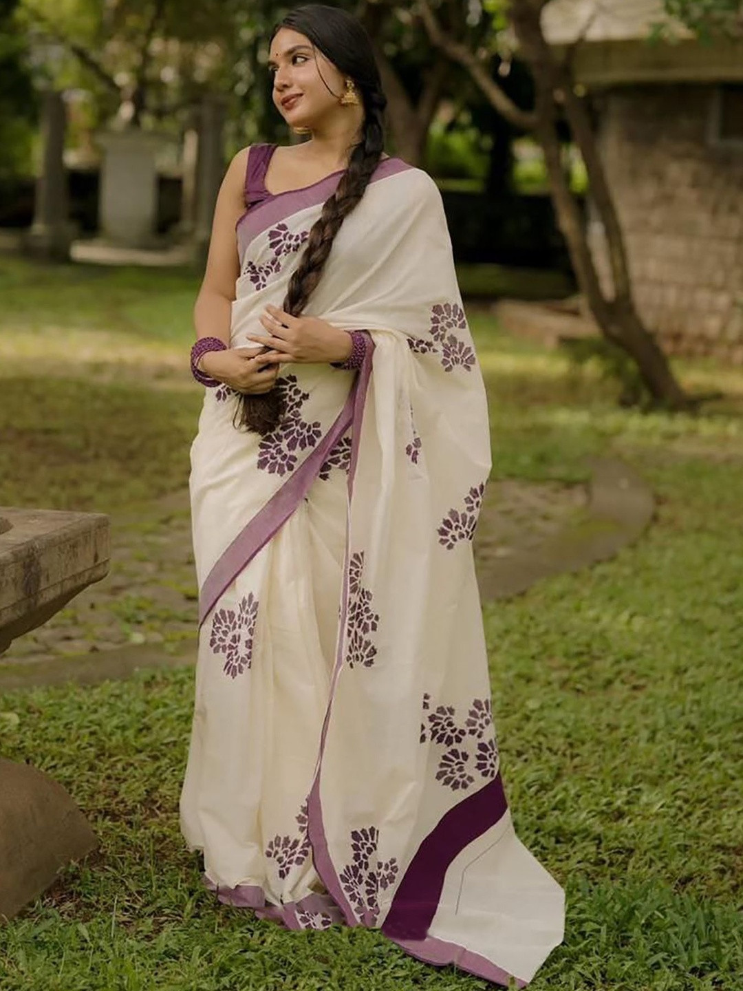Moda Rapido Floral Printed Block Print Linen Blend Saree