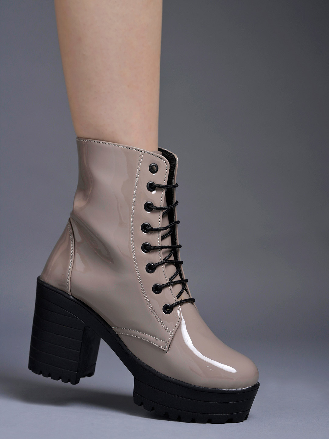 Shoetopia Women Grey Lace-Up Combat Boots