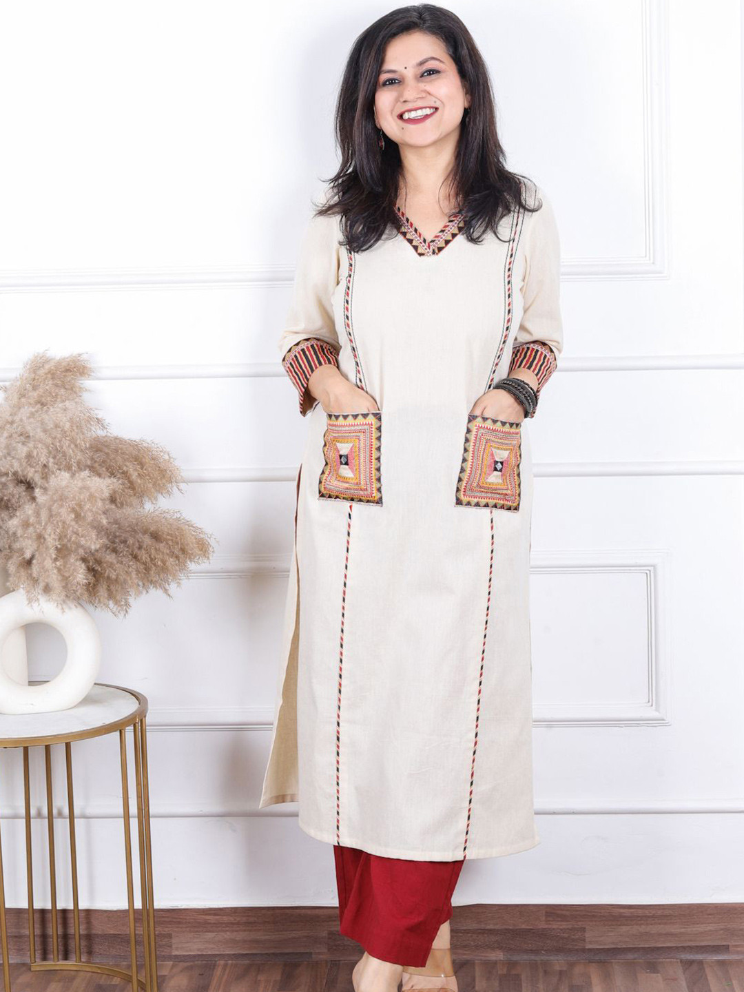 Desi Sandook Ethnic Motifs Printed Embroidered Patch Work Cotton Kurta