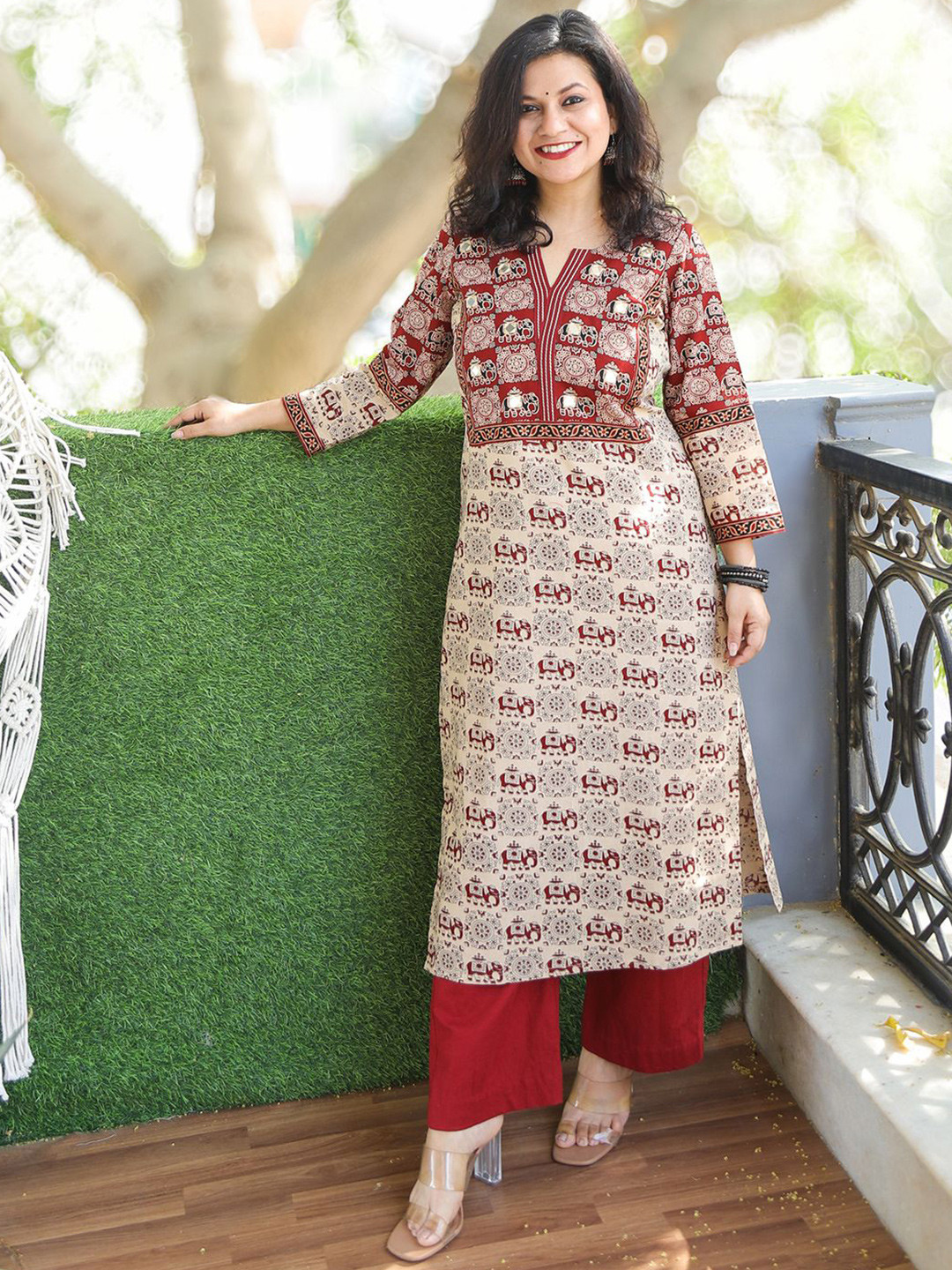 Desi Sandook Women Ajrak Printed Mirror Work Mandarin Collar Cotton Straight Kurta