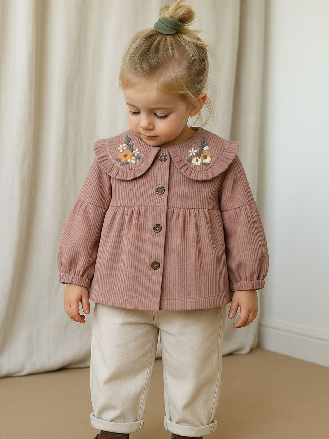 KICO Girls Mauve Corduroy Button-Down Floral Embroidered Collar Top