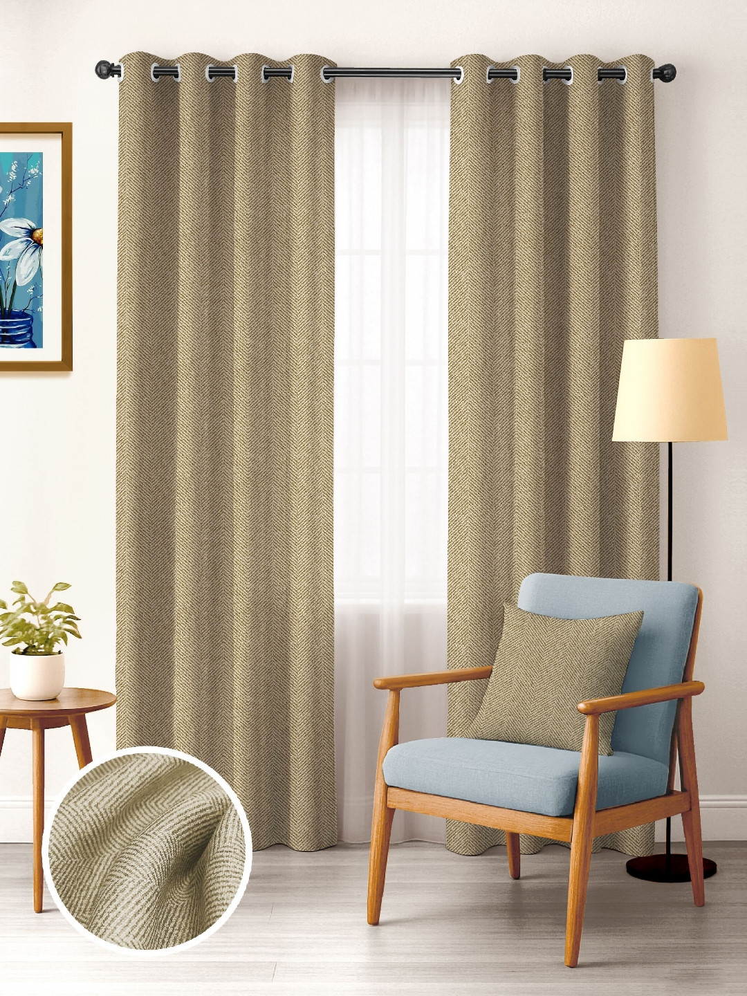 Nefertiti Home Camel Brown 2 Pieces Textured Black Out Door Curtains