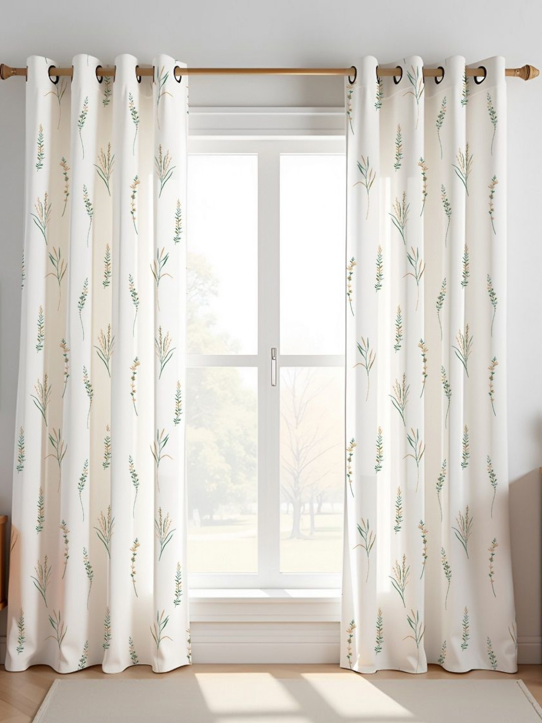 HOMEMONDE Yellow & White 2 Pieces Leafscape Cotton Room Darkening Long Door Curtains